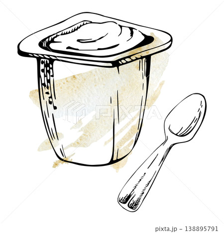 Yogurt, sour cream in plastic cup with disposable spoon, ready-to-eat healthy probiotic snack. Isolated illustration hand drawn in ink, loose watercolor fill. Dairy packaging, breakfast advertising Yogurt, sour cream in plastic cup with disposable spoon, ready-to-eat healthy probiotic snack. Isolated illustration hand drawn in ink, loose watercolor fill. Dairy packaging, breakfast advertising 138895791