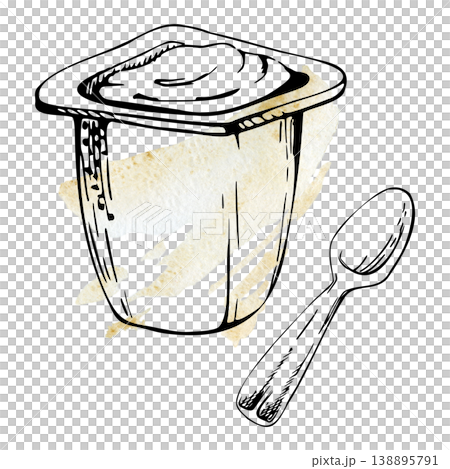 Yogurt, sour cream in plastic cup with disposable spoon, ready-to-eat healthy probiotic snack. Isolated illustration hand drawn in ink, loose watercolor fill. Dairy packaging, breakfast advertising 138895791