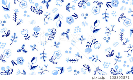 北欧風のかわいい青色の草花の背景　手描きイラスト素材 138895871