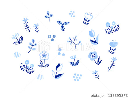 北欧風のかわいい青色の草花セット　手描きイラスト素材 138895878