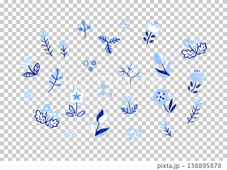 北欧風のかわいい青色の草花セット　手描きイラスト素材 138895878