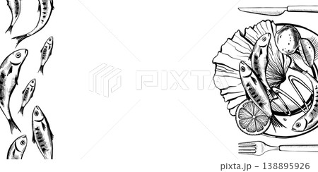 Sardine festival banner in minimalist vector line art. Horizontal layout for Spanish Entierro de la Sardina celebration, Mediterranean seafood feast menu, and nautical cultural event graphics 138895926