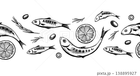Mediterranean seafood seamless border in minimalist vector line art. Horizontal repeating pattern with sardines, lemon and herbs for organic food packaging, fish menu design and nautical branding Mediterranean seafood seamless border in minimalist vector line art. Horizontal repeating pattern with sardines, lemon and herbs for organic food packaging, fish menu design and nautical branding 138895927