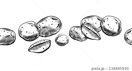 Potato seamless border in minimalist vector line art. Horizontal repeating potato tubers and wedges for organic food packaging, rustic farm market menu design and grocery retail branding graphics Potato seamless border in minimalist vector line art. Horizontal repeating potato tubers and wedges for organic food packaging, rustic farm market menu design and grocery retail branding graphics 138895930
