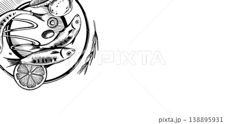 Sardine dish layout with copy space in minimalist black and white vector line art. Left side plate for artisanal food packaging, gourmet gift box design, seafood restaurant banner and blog graphics Sardine dish layout with copy space in minimalist black and white vector line art. Left side plate for artisanal food packaging, gourmet gift box design, seafood restaurant banner and blog graphics 138895931