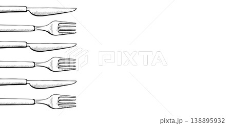 Cutlery vertical border in minimalist black and white vector line art. Repeating knife and fork for restaurant menu side decoration, catering service branding and dining etiquette layout graphics Cutlery vertical border in minimalist black and white vector line art. Repeating knife and fork for restaurant menu side decoration, catering service branding and dining etiquette layout graphics 138895932