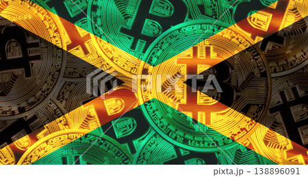 Bitcoin coins on Jamaica flag background. Golden bitcoin coins on Jamaica flag background Bitcoin coins on Jamaica flag background. Golden bitcoin coins on Jamaica flag background 138896091
