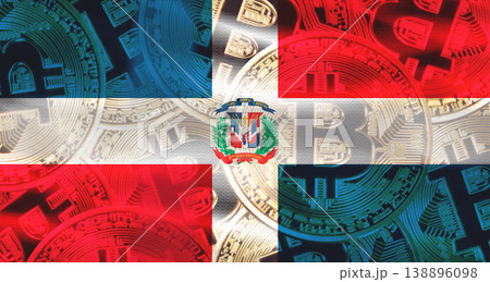 Golden bitcoin coins on Dominican Republic flag background. Bitcoin coins on Dominican Republic flag background Golden bitcoin coins on Dominican Republic flag background. Bitcoin coins on Dominican Republic flag background 138896098