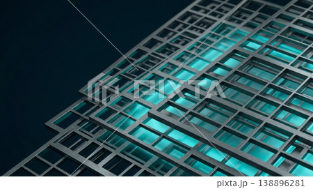 ayered square grid structure with turquoise light on dark background ayered square grid structure with turquoise light on dark background 138896281