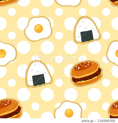 cute food seamless pattern with fried egg onigiri and burger repeating background for wrapping paper fabric print and digital design 138896308