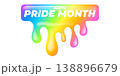Happy Pride Month lettering on vibrant background. Rainbow dripping paint effect with white Happy Pride Month typography. Modern vector graphic for LGBTQ community support and June seasonal events 138896679