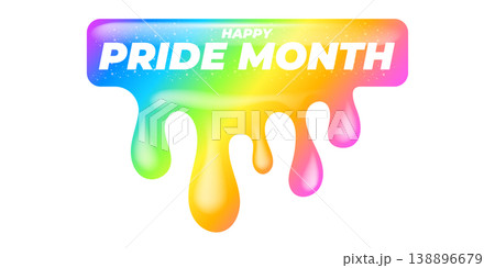 Happy Pride Month lettering on vibrant background. Rainbow dripping paint effect with white Happy Pride Month typography. Modern vector graphic for LGBTQ community support and June seasonal events Happy Pride Month lettering on vibrant background. Rainbow dripping paint effect with white Happy Pride Month typography. Modern vector graphic for LGBTQ community support and June seasonal events 138896679