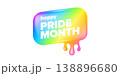 Happy Pride Month lettering on vibrant background. Rainbow dripping paint effect with white Happy Pride Month typography. Modern vector graphic for LGBTQ community support and June seasonal events 138896680