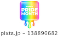 Happy Pride Month lettering on vibrant background. Rainbow dripping paint effect with white Happy Pride Month typography. Modern vector graphic for LGBTQ community support and June seasonal events 138896682