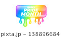 Happy Pride Month lettering on vibrant background. Rainbow dripping paint effect with white Happy Pride Month typography. Modern vector graphic for LGBTQ community support and June seasonal events 138896684