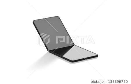 Blank black flexible chamshell phone display half folded mockup png, transparent background, 3d rendering. Empty transform smartphone frame mock up cut out. Clear hi-tech innovation flex template. 138896750