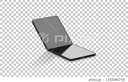 Blank black flexible chamshell phone display half folded mockup png, transparent background, 3d rendering. Empty transform smartphone frame mock up cut out. Clear hi-tech innovation flex template. 138896750