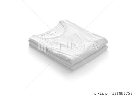 Blank white folded square t-shirt mockup stack png, transparent background, 3d rendering. Empty stacked fabric tee-shirt mock up cut out. Clear jersey cloth garment with tag for logotype template. 138896753