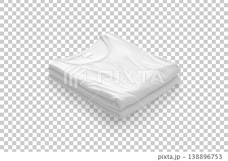 Blank white folded square t-shirt mockup stack png, transparent background, 3d rendering. Empty stacked fabric tee-shirt mock up cut out. Clear jersey cloth garment with tag for logotype template. 138896753