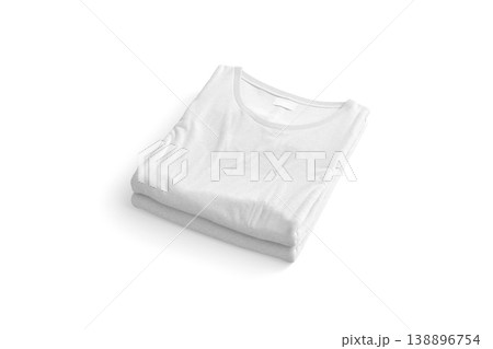 Blank white folded square t-shirt mock up stack png, transparent background, 3d rendering. Empty jersey tshirt pile with label mockup cut out. Clear new fold apparel for man or woman outfit template. 138896754