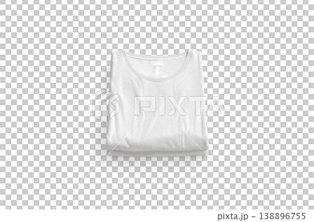 Blank white folded square t-shirt mockup stack png, transparent background, 3d rendering. Empty pile of fabric tshirt mock up cut out. Clear casual new undershirt model for woman or man template. 138896755