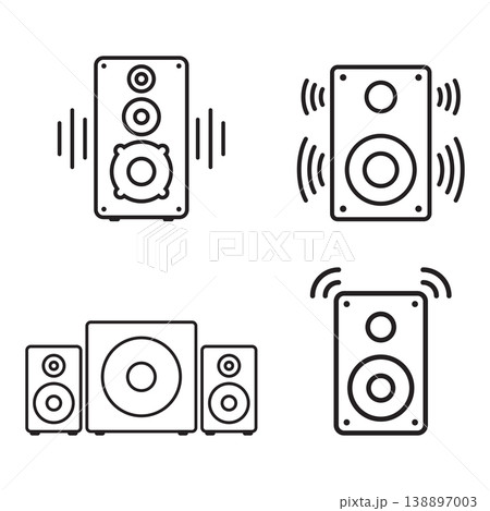 Speaker sound system icon in flat linear and outline style. Loudspeaker vector illustration on isolated background. Music subwoofer sign business concept. 138897003