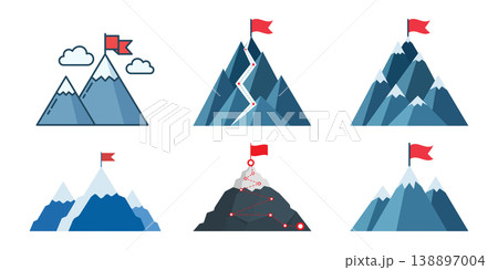 Mountain peak with flag icon set collection in flat style. Exploration hiking vector illustration on isolated background. Success sign business concept. Mountain peak with flag icon set collection in flat style. Exploration hiking vector illustration on isolated background. Success sign business concept. 138897004