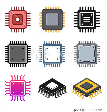 Central cpu processor icon set collection in flat style. Microprocessor vector illustration on isolated background. Ai chip sign business concept. Central cpu processor icon set collection in flat style. Microprocessor vector illustration on isolated background. Ai chip sign business concept. 138897042