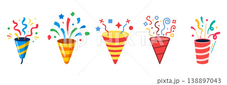 Exploding popper icon set collection in flat style. Party poppers vector illustration on isolated background. Firecracker and serpentine sign business concept. 138897043