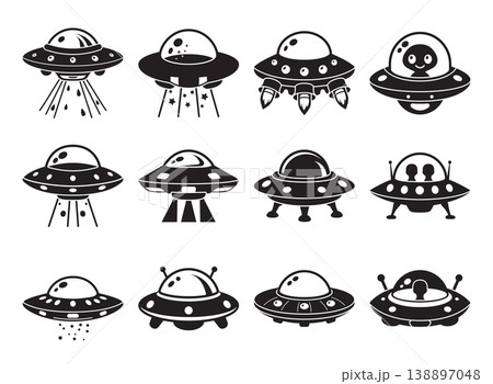 UFO spaceship icon set collection in flat style. Spacecraft vector illustration on isolated background. Futuristic transport sign business concept. UFO spaceship icon set collection in flat style. Spacecraft vector illustration on isolated background. Futuristic transport sign business concept. 138897048