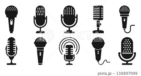Microphone silhouette icon set collection in flat style. Mic for podcast vector illustration on isolated background. Music equipment sign business concept. Microphone silhouette icon set collection in flat style. Mic for podcast vector illustration on isolated background. Music equipment sign business concept. 138897099