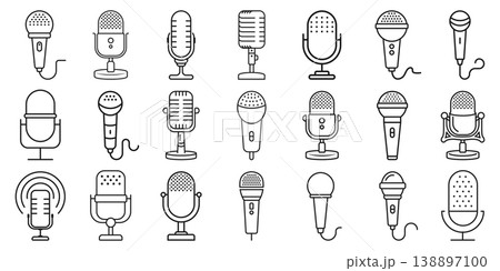 Microphone icon set collection in outline stroke flat style. Mic for podcast vector illustration on isolated background. Music equipment linear sign business concept. 138897100