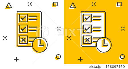 Contract time icon in comic style. Document with clock cartoon vector illustration on white background. Deadline splash effect business concept. Contract time icon in comic style. Document with clock cartoon vector illustration on white background. Deadline splash effect business concept. 138897130