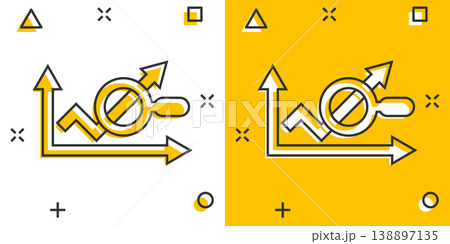 Market trend icon in comic style. Growth arrow with magnifier cartoon vector illustration on white isolated background. Increase splash effect business concept. 138897135