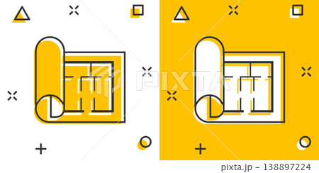 Room plan icon in comic style. Blueprint cartoon vector illustration on white isolated background. House project splash effect business concept. Room plan icon in comic style. Blueprint cartoon vector illustration on white isolated background. House project splash effect business concept. 138897224