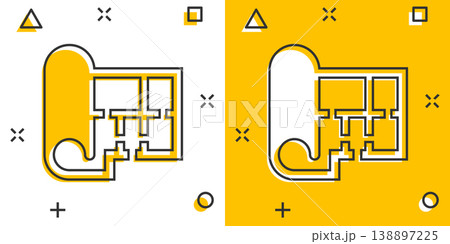 Room plan icon in comic style. Blueprint cartoon vector illustration on white isolated background. House project splash effect business concept. Room plan icon in comic style. Blueprint cartoon vector illustration on white isolated background. House project splash effect business concept. 138897225
