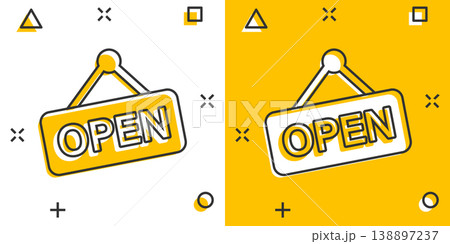 Open sign icon in comic style. Accessibility cartoon vector illustration on white isolated background. Message splash effect business concept. Open sign icon in comic style. Accessibility cartoon vector illustration on white isolated background. Message splash effect business concept. 138897237