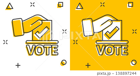 Vote icon in comic style. Ballot box cartoon vector illustration on white isolated background. Election splash effect business concept. 138897244