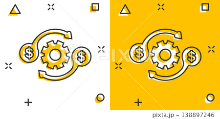 Money optimization icon in comic style. Gear effective cartoon vector illustration on white isolated background. Finance process splash effect business concept. Money optimization icon in comic style. Gear effective cartoon vector illustration on white isolated background. Finance process splash effect business concept. 138897246