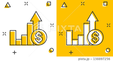 Growth arrow icon in comic style. Revenue cartoon vector illustration on white isolated background. Increase splash effect business concept. Growth arrow icon in comic style. Revenue cartoon vector illustration on white isolated background. Increase splash effect business concept. 138897256