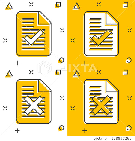 Document accepted and damaged icon in comic style. Correct, broken cartoon vector illustration on white isolated background. Check message splash effect business concept. Document accepted and damaged icon in comic style. Correct, broken cartoon vector illustration on white isolated background. Check message splash effect business concept. 138897266