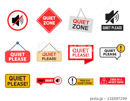 Quiet zone icon set collection in flat style. Silent banner vector illustration on isolated background. Colorful warning sign business concept. Quiet zone icon set collection in flat style. Silent banner vector illustration on isolated background. Colorful warning sign business concept. 138897299