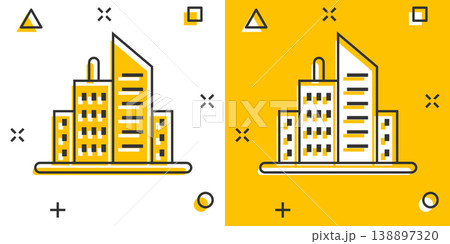 Building icon in comic style. Town skyscraper apartment cartoon vector illustration on white isolated background. City tower splash effect business concept. Building icon in comic style. Town skyscraper apartment cartoon vector illustration on white isolated background. City tower splash effect business concept. 138897320