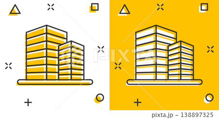 Building icon in comic style. Town skyscraper apartment cartoon vector illustration on white isolated background. City tower splash effect business concept. Building icon in comic style. Town skyscraper apartment cartoon vector illustration on white isolated background. City tower splash effect business concept. 138897325