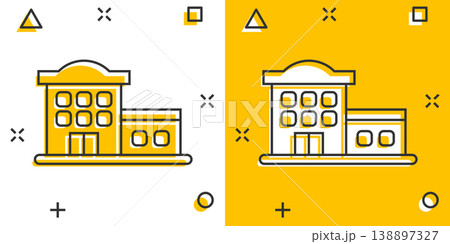 Building icon in comic style. Factory cartoon vector illustration on white isolated background. City tower splash effect business concept. Building icon in comic style. Factory cartoon vector illustration on white isolated background. City tower splash effect business concept. 138897327