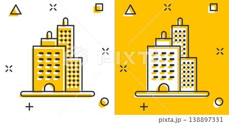 Building icon in comic style. Town skyscraper apartment cartoon vector illustration on white isolated background. City tower splash effect business concept. 138897331