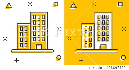 Building icon in comic style. Town skyscraper apartment cartoon vector illustration on white isolated background. City tower splash effect business concept. Building icon in comic style. Town skyscraper apartment cartoon vector illustration on white isolated background. City tower splash effect business concept. 138897332