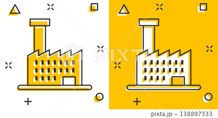 Building icon in comic style. Factory cartoon vector illustration on white isolated background. City tower splash effect business concept. 138897333