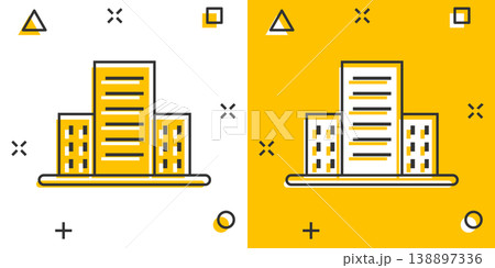 Building icon in comic style. Town skyscraper apartment cartoon vector illustration on white isolated background. City tower splash effect business concept. Building icon in comic style. Town skyscraper apartment cartoon vector illustration on white isolated background. City tower splash effect business concept. 138897336