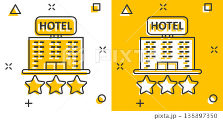 Hotel 3 stars sign icon in comic style. Inn building cartoon vector illustration on white isolated background. Hostel room splash effect business concept. Hotel 3 stars sign icon in comic style. Inn building cartoon vector illustration on white isolated background. Hostel room splash effect business concept. 138897350